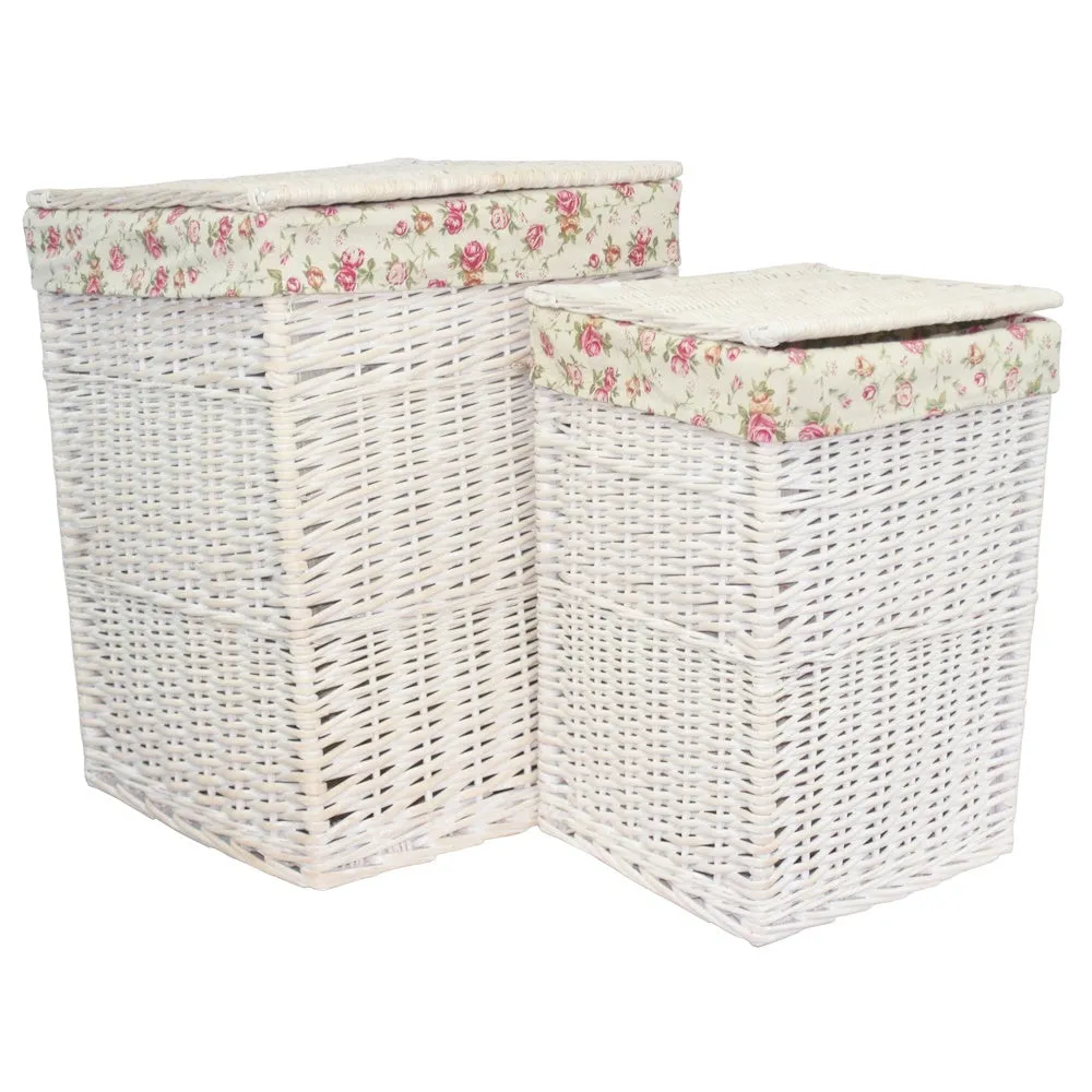 Square White Wash Wicker Laundry Basket Rose Lining