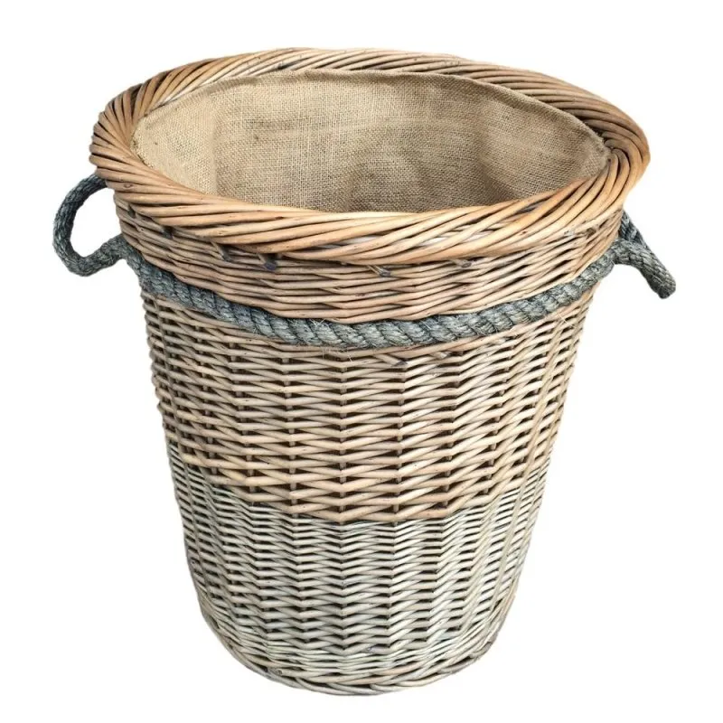Tall Deluxe Wicker Hessian Lined Rope Handled Log Basket