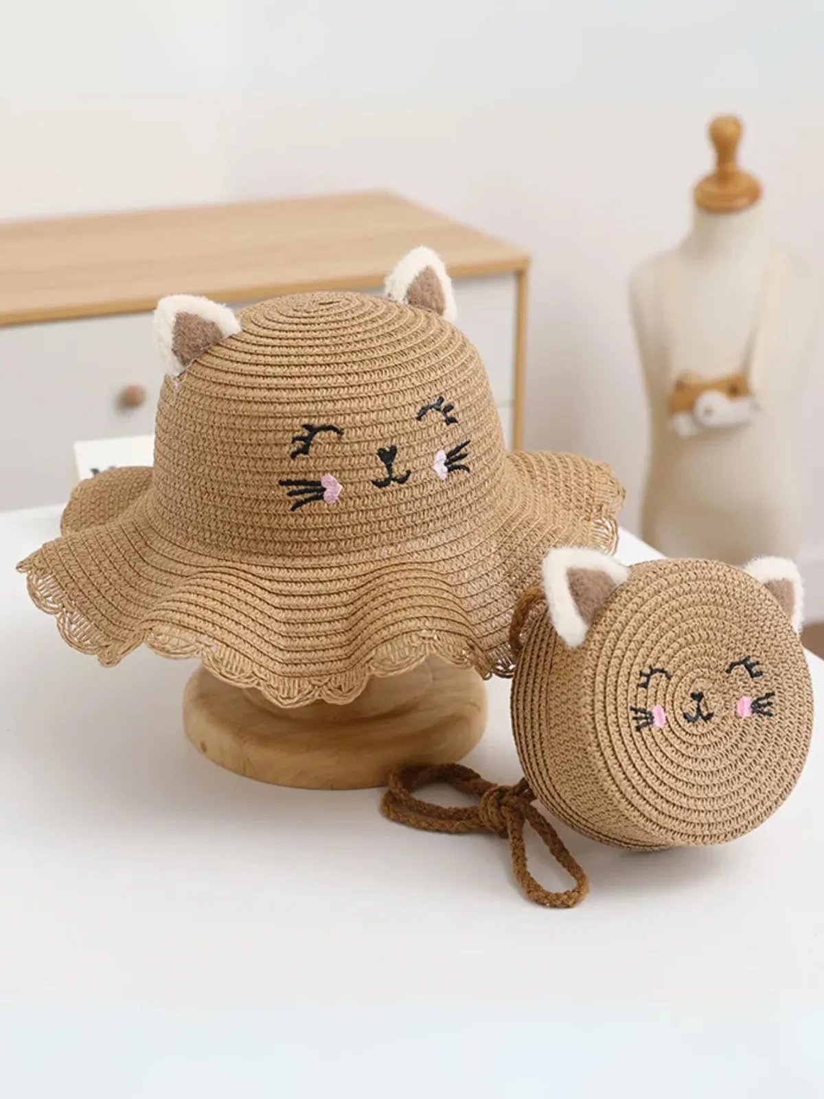 Whisker Wonder Cat Ear Straw Hat Set