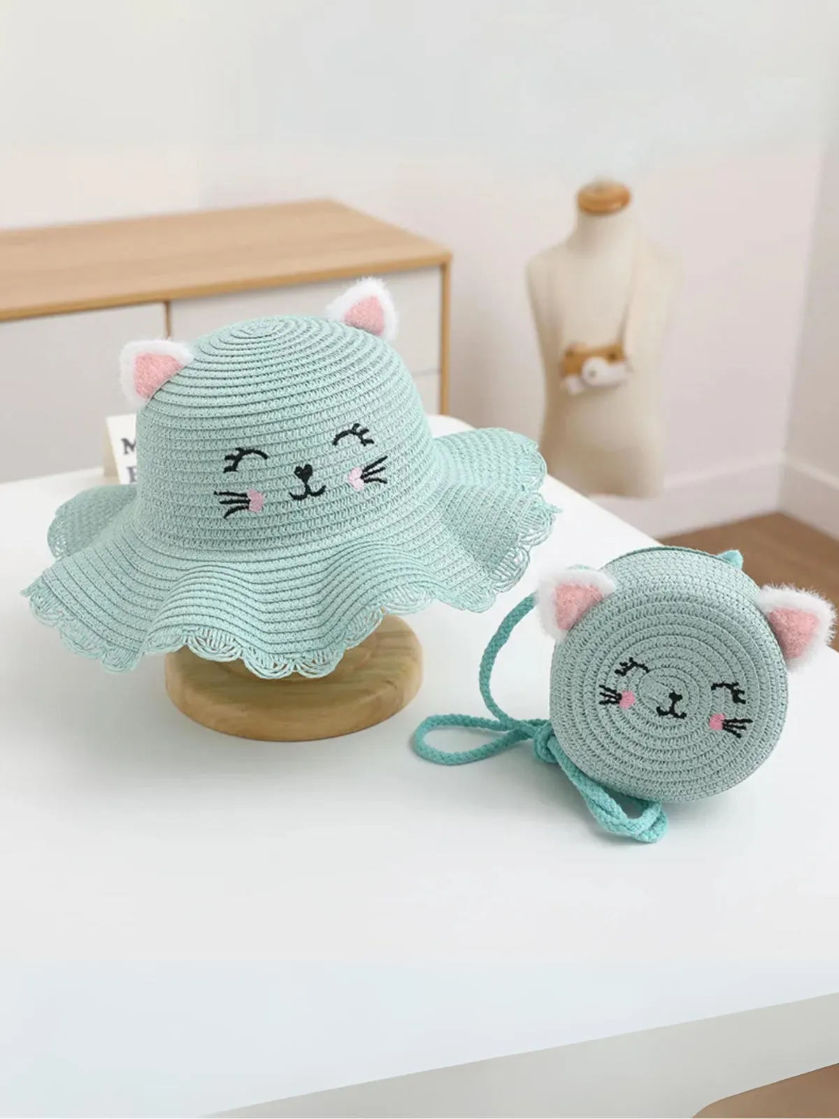 Whisker Wonder Cat Ear Straw Hat Set