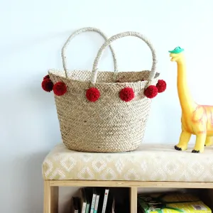 Woven Market Basket Bag, with Cranberry Red Pom-poms