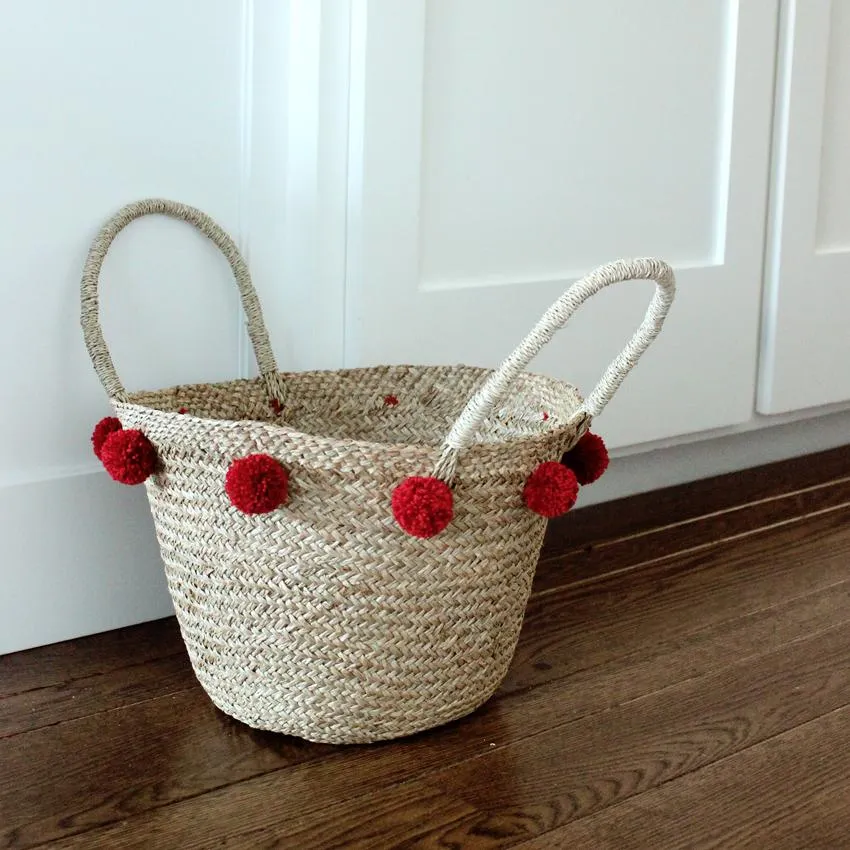 Woven Market Basket Bag, with Cranberry Red Pom-poms