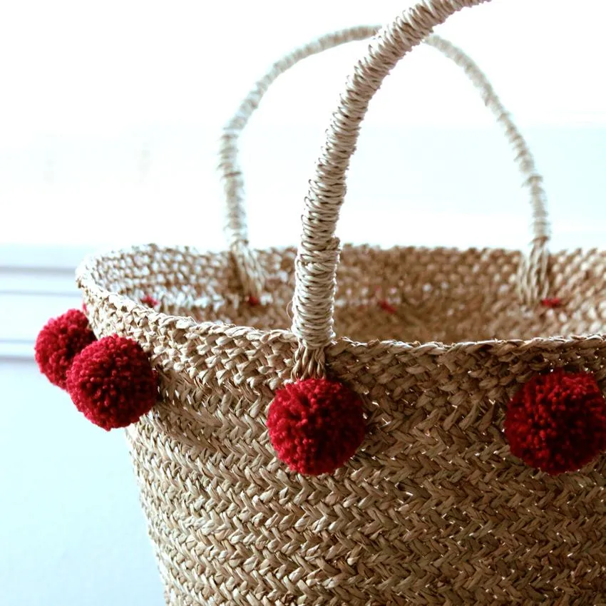 Woven Market Basket Bag, with Cranberry Red Pom-poms