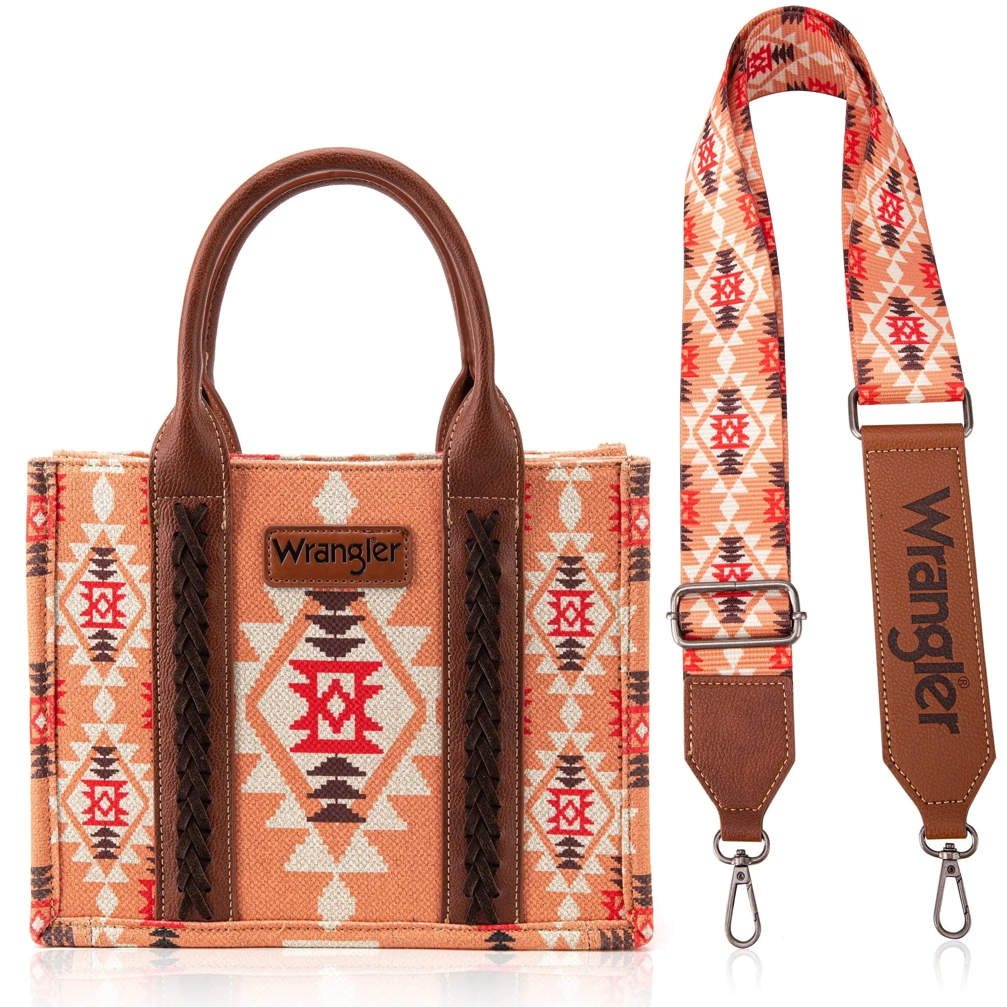Wrangler Southwestern Dual Sided Print Small Canvas Tote/Crossbody in Peach Multi
