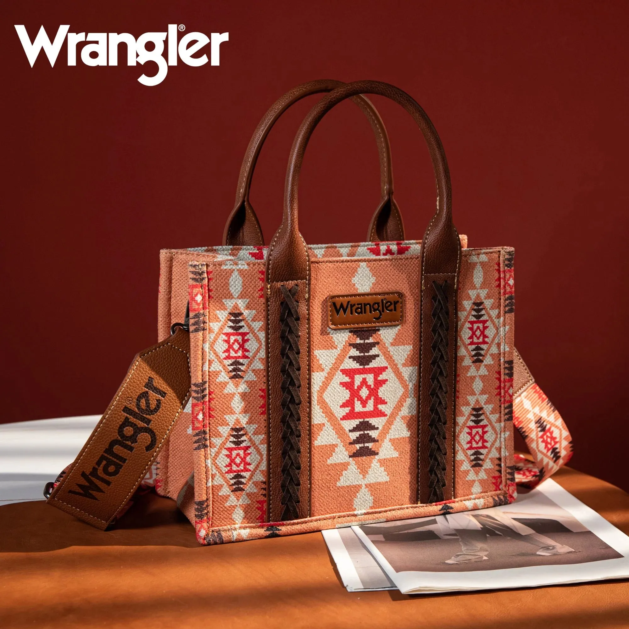 Wrangler Southwestern Dual Sided Print Small Canvas Tote/Crossbody in Peach Multi