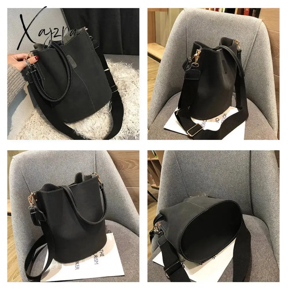Xajzpa - Messenger bag Women Bucket Shoulder Bag large capacity vintage Matte PU Leather lady handbag Luxury Designer bolsos mujer Black