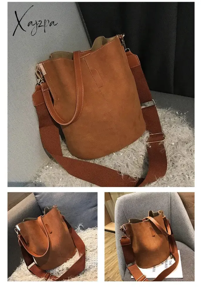 Xajzpa - Messenger bag Women Bucket Shoulder Bag large capacity vintage Matte PU Leather lady handbag Luxury Designer bolsos mujer Black