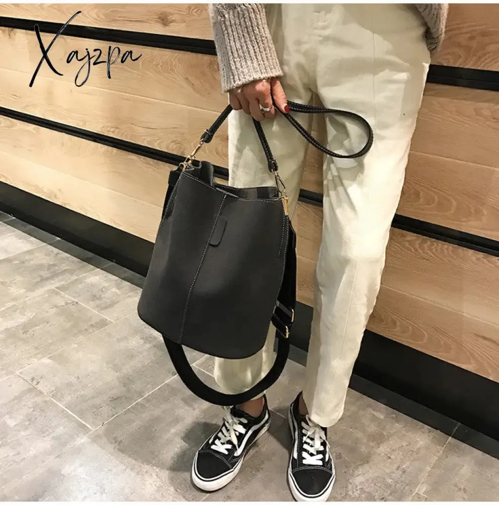 Xajzpa - Messenger bag Women Bucket Shoulder Bag large capacity vintage Matte PU Leather lady handbag Luxury Designer bolsos mujer Black