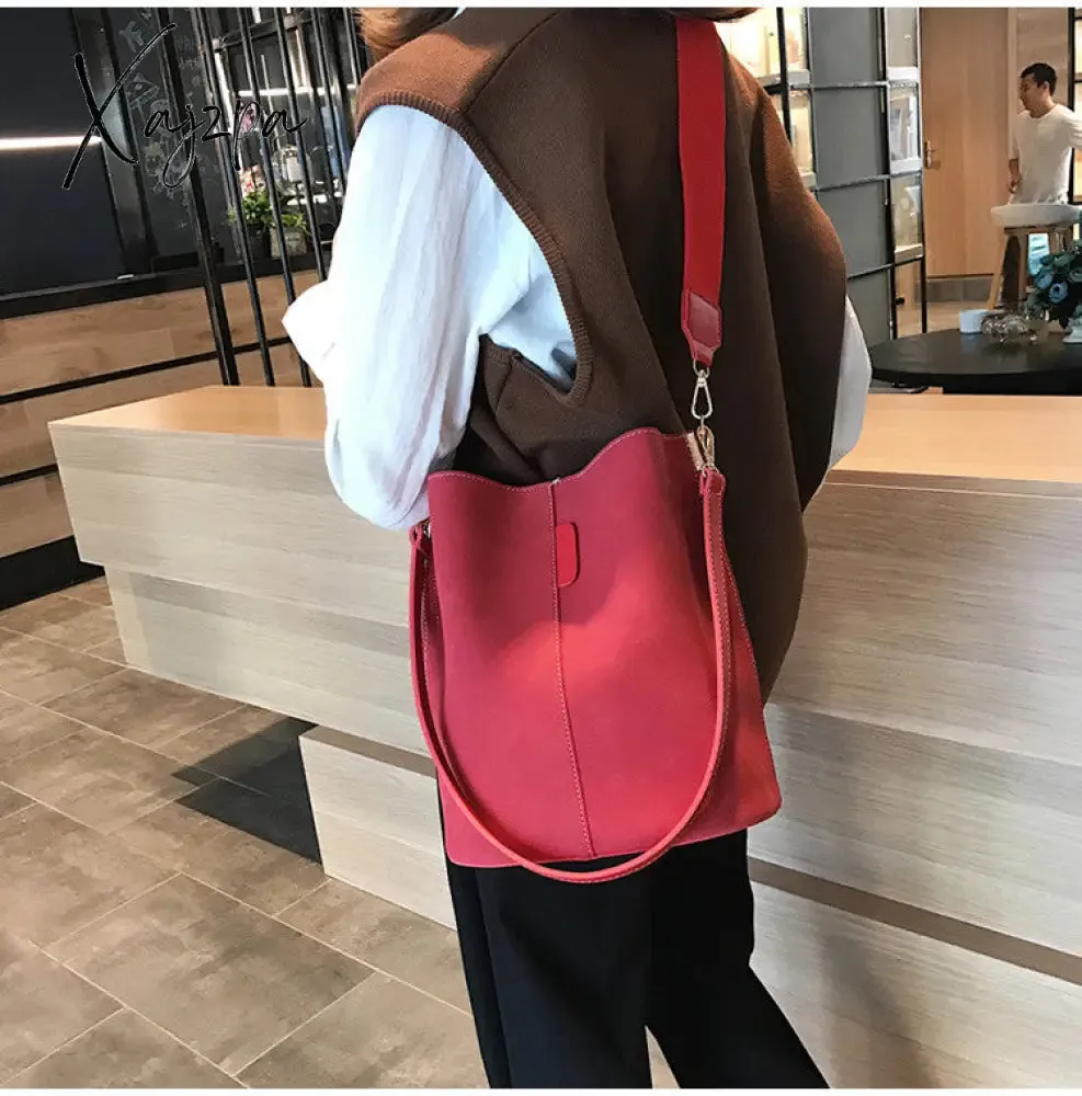 Xajzpa - Messenger bag Women Bucket Shoulder Bag large capacity vintage Matte PU Leather lady handbag Luxury Designer bolsos mujer Black