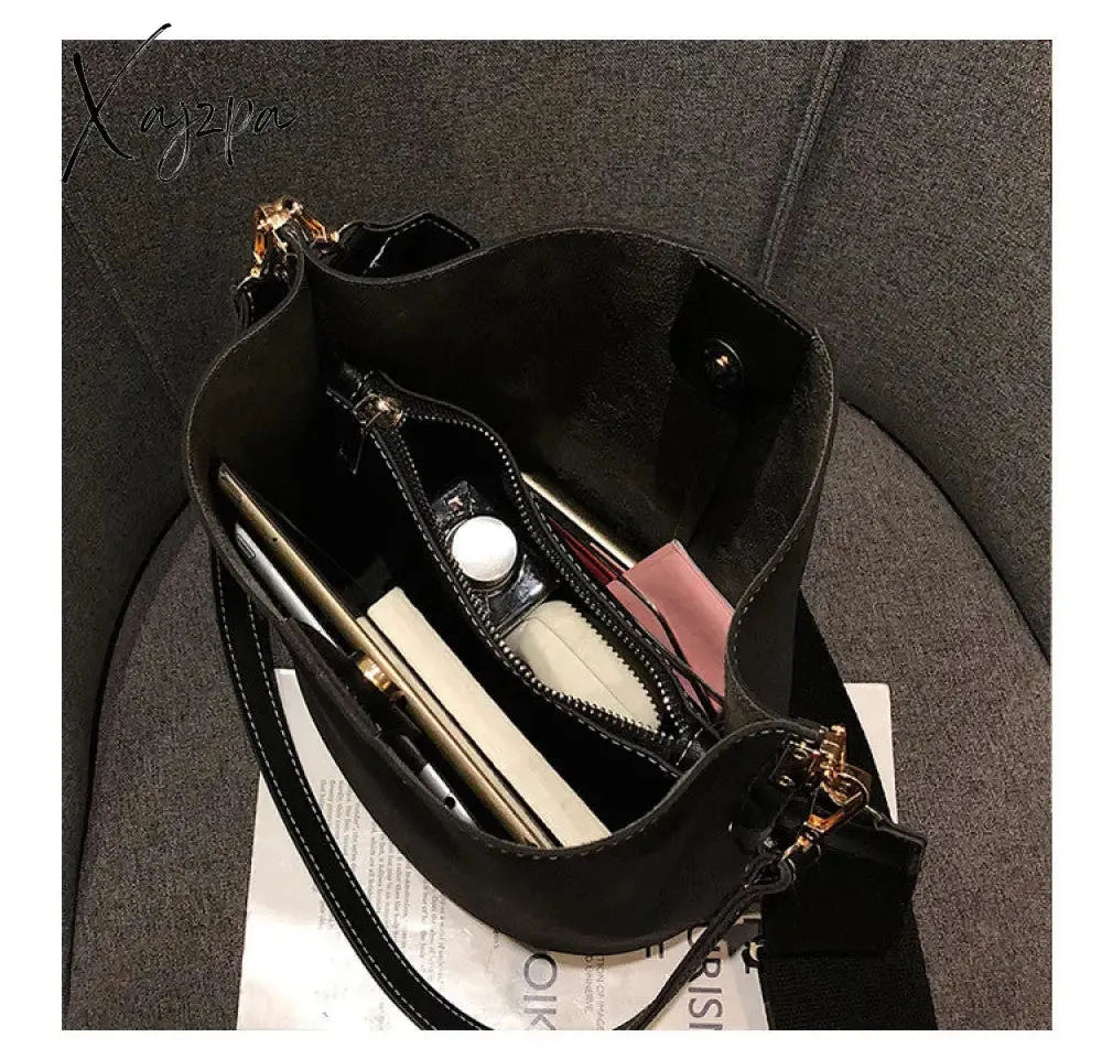 Xajzpa - Messenger bag Women Bucket Shoulder Bag large capacity vintage Matte PU Leather lady handbag Luxury Designer bolsos mujer Black