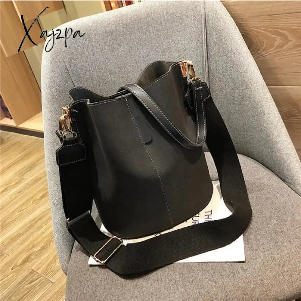 Xajzpa - Messenger bag Women Bucket Shoulder Bag large capacity vintage Matte PU Leather lady handbag Luxury Designer bolsos mujer Black